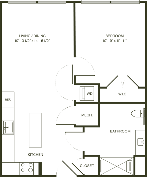 Floor plan for 1 bed, 1 bath, 633 sqft